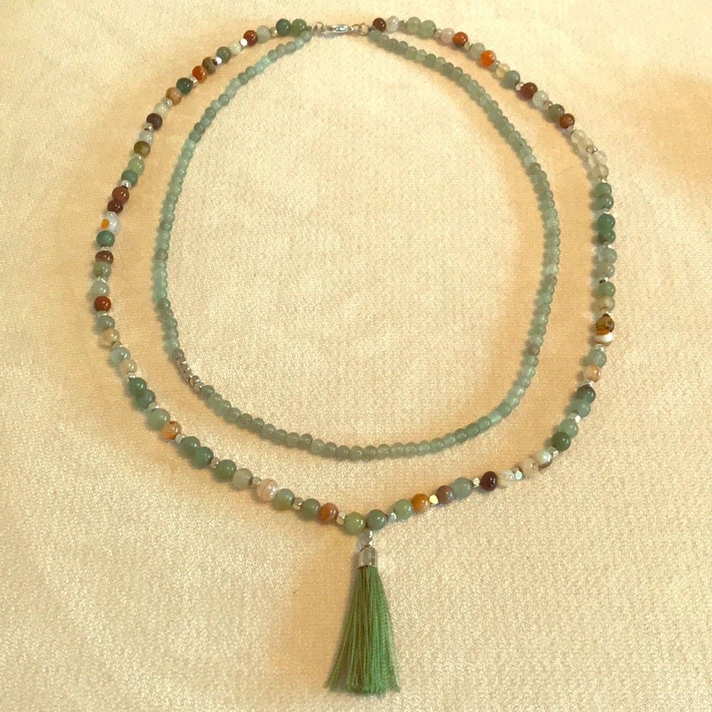 Polished Stone Double Strand Tassel Necklace